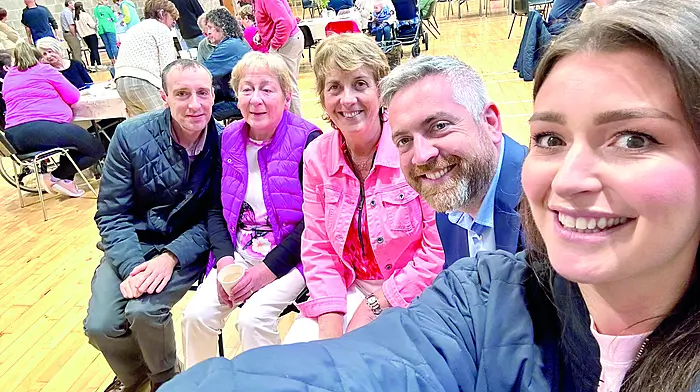 Cathal Duggan, Carmel Duggan, Marina O’Sullivan, Christopher O’Sullivan TD and Sarah Redmond at the coffee morning fundraiser in Ballynacarriga which was held in aid of Kayla Shorten.