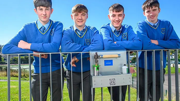 Kinsale Community School fifth year students Seán Dineen (Innishannon), David Forde (Kinsale), John Quinn (Tracton) and Jack Good (Tracton) with their Farm Equipment Holder they developed when in Transition Year.  (Photo: John Allen)