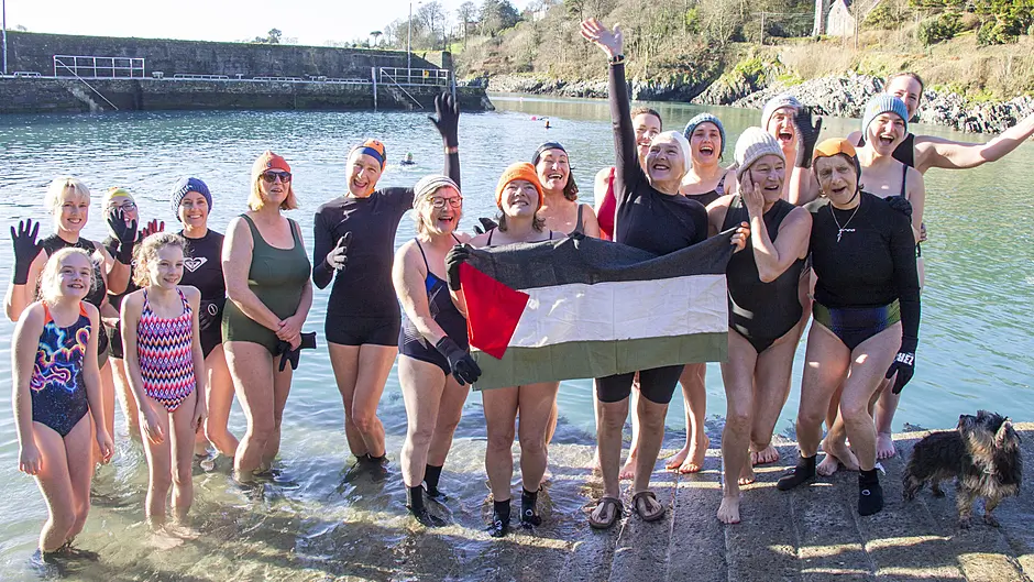 On a crisp and chilly morning, a group of women took part in a Nollaig na mBan swim at Glandore Pier which raised €800 in aid of Unicef for Gaza. (Photo: Andrew Harris)