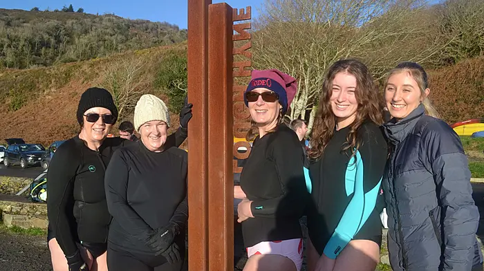 Eileen Hourihane, Skibbereen; Liza O'Driscoll, Castletownshend with Karen and Aishling Connolly and Caoilainn O'Regan from Ballydehob were at Lough Hyne for the Mná ag Snamh event in aid of West Cork Women Against Violence's Beacon project last Saturday morning – Nollaig na mBan. Below: Mary Pappin, Hilary Power and Martha Halbert also participated. (Photos: Anne Minihane)