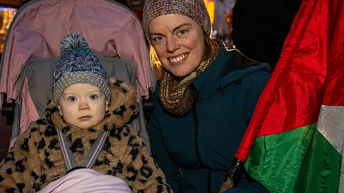 Nora Moyles and her mum Emily Fitzgerald from Ardfield were in Asna Square in Clonakilty last Saturday evening for the weekly candlelit vigil for the ongoing war in Gaza. (Photo: Andy Gibson)