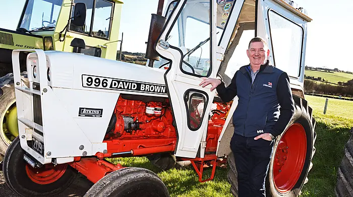 Denis Ryan, Innishannon, next to his David Brown 996 vintage tractor, at the Roberts Cove Vintage New Year Tractor, Truck & Car Run, Tracton GAA grounds, Sunday 7th January 2024. Photo Siobhán Russell