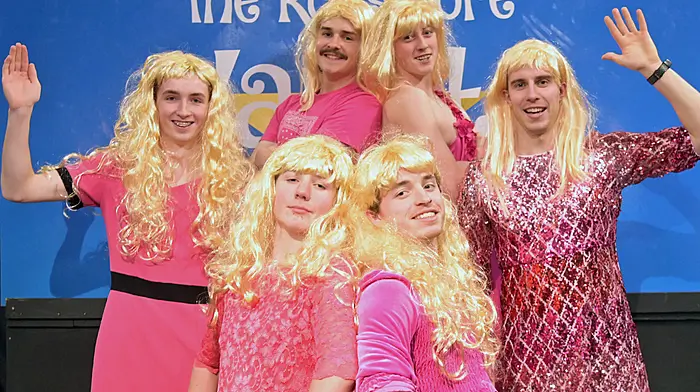 Pretty in pink for the Rossmore Variety Show ’24 in aid of Cancer Connect, Palliative Care, KCDA and Kilmeen GAA, were (back) Ryan Collins, Darren Scannell, Tadhg O’Brien and Jonathan Deasy and (front) James Scannell and Mark Keohane.  The show takes place this Thursday, Friday and Saturday and also on Friday January 19th and Saturday January 20th. Photo: Martin Walsh.