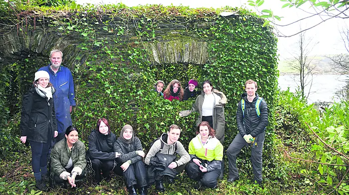 Mark Robbins of Cecas with students from Fos Bos Neuburg an der Donau - Neuburg Technical and Vocation School in Bavaria - Jessica Geyer, Marcel Sobczak, Kinberly Brixel, Anna Ressiner, Tabea Frike, Robina Vorwalter, Sophia Bouer, Anna Gruner, Melek Gagin, teachers Manuel Wasilesku and Isabel Attrichter at the old gate lodge at Myross Wood as part of their Erasmus studies this year to help out with woodland restoration and other projects at Cecas. (Photo: Anne Minihane)