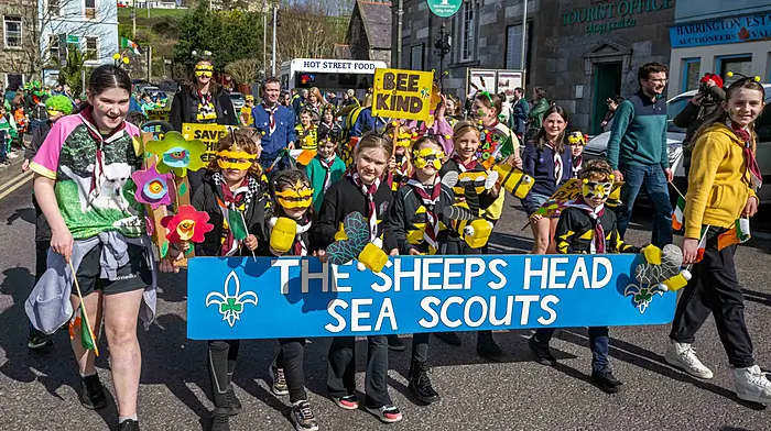 The Sheep’s Head Sea Scouts enjoyed participating in the Bantry St Patrick’s Day parade with their Save the Bees walking float. (Photo: Andy Gibson)