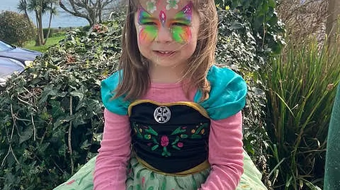Emily Quinlan from Coorydarrigan in her multi-coloured gown and feathered headdress as she followed the dress code for this year’s Schull St Patrick’s Day parade which was Dathanna/Colours.