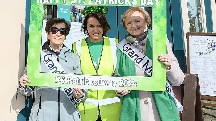 Grand marshal Kathleen O’Farrell, Cllr Deidre Kelly (Fianna Fáil) and grand marshal Eileen Lyons enjoying their day at the Dunmanway St Patrick’s Day parade.  (Photo: David Patterson)
