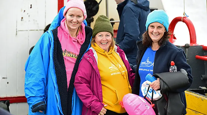 Myrtleville swimmers, Nicola Hassell, Susan Horgan and Lisa Cush, on the ferry over to Sherkin before the swim.		                 (Photos: Siobhan Russell)