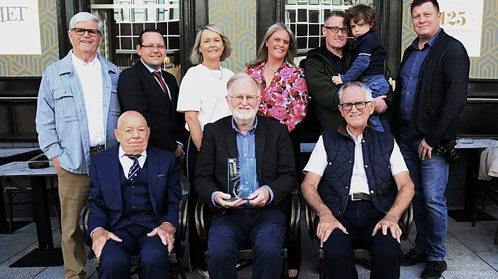 Dermot Lucey, a dedicated local historian and educator, whose contributions have enriched the cultural fabric of Ballincollig and surrounds for over four decades, has been named Cork Person of the Month for September in recognition of the lasting impact of his work.Dermot has spent over forty years studying and promoting local history and is secretary of the Muskerry Local History Society and editor of its esteemed bi-annual local history journal, Times Past.  In addition to his editorial and mentoring roles, Dermot played a pivotal role in the preservation and development of the Gunpowder Mills, contributing to the creation of the Regional Park in Ballincollig. His advocacy for history extended to national platforms, including contributions to the History of Cork series in the Cork Examiner during the Cork 800 celebrations in 1985 and his influence is also evident in his contributions to history education. As a lecturer on the Professional Masters of Education (PME) course at UCC and a major adviser on secondary level history curricula, he was a formidable advocate for maintaining history as a core subject at the Junior Certificate level. At the award presentation were (front, from left): Liam Hayes (chairman Muskerry Local History Society), Dermot Lucey (Cork Person of the Month),  and Dick Beamish (Muskerry Local History Society). Back (from left): Manus O’Callaghan (awards organiser), Padraic Hanrahan (Metropole Hotel), Oonagh Buckley (Masterkabin), Clara O’Mahoney (AM O’Sullivan PR), George and Max Duggan (Cork Crystal) and Vitaliy Makhnanov (All About Us Video). (Photo: Tony O’Connell).
