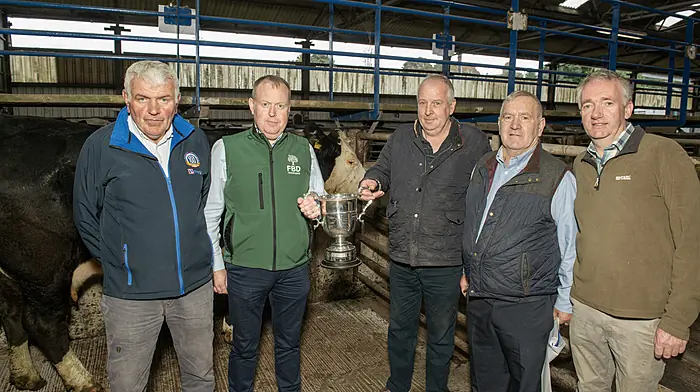 Richard Forbes, Enniskeane with his best beef cow class winner, a Hereford cow at a store cattle show & sale in Bandon Mart with Derry Scannell, Cork Marts Board Member, John O'Donovan, FBD (sponsor), owner , Neilie O'Riordan, Bandon Mart and judge Sean Kelleher, Newcestown. Photo O'Gorman Photography.