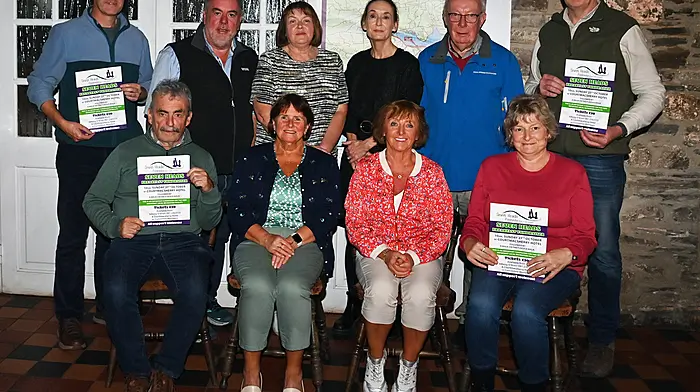 At a meeting of the Seven Heads Walks committee to discuss plans for the annual fundraising breakfast in Courtmacsherry Hotel on Sunday morning October 27th were (seated, from left): Denis Cahalane, Ann Murphy, Noreen Fleming and Bridget Deasy.  Standing (from left): Paul Hayes, John O’Brien, Jacky Kelly, Fiona O’Flynn, Michael O’Sullivan and Ger Hunt.  (Photo: Martin Walsh)