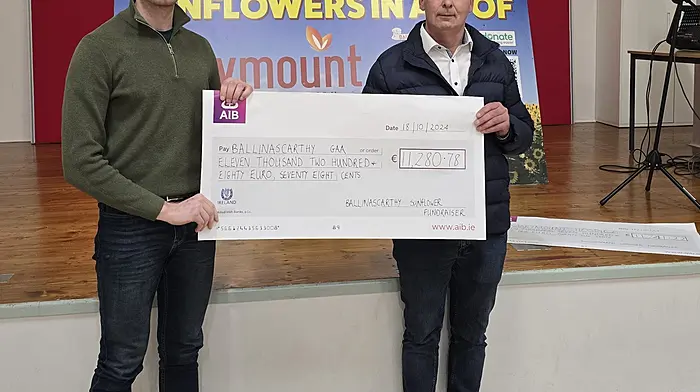 Morning Cammy, in the two photos, the name of the gentleman resenting the cheques is Ballinascarthy GAA treasurer Cathal Nyhan.  Thanks, K Ballinascarthy GAA in Partnership with Marymount Hospice presented the cheques from the \