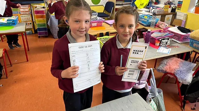 Isabelle Sheehy and Isla Buggy having great fun ‘counting the room’ during Maths Week at Rath National School.