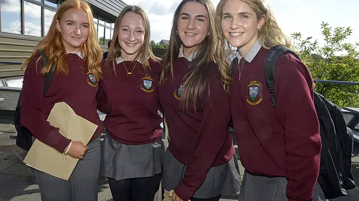 Celebrating their junior cert results at St Brogans College Bandon was Rachel, Ciara, and Niamh O'Mahony and Olivia Morgan from Killbritain. (Photo: Denis Boyle)