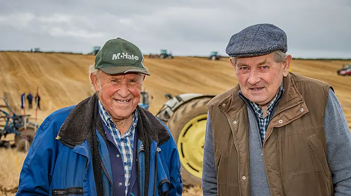 Dan Joe O’Driscoll (Bandon) and Paul Lynch (Kilbrittain) are perennial supporters of the ploughing and enjoyed their day out at the first match of the season.    (Photo: Gearoid Holland)