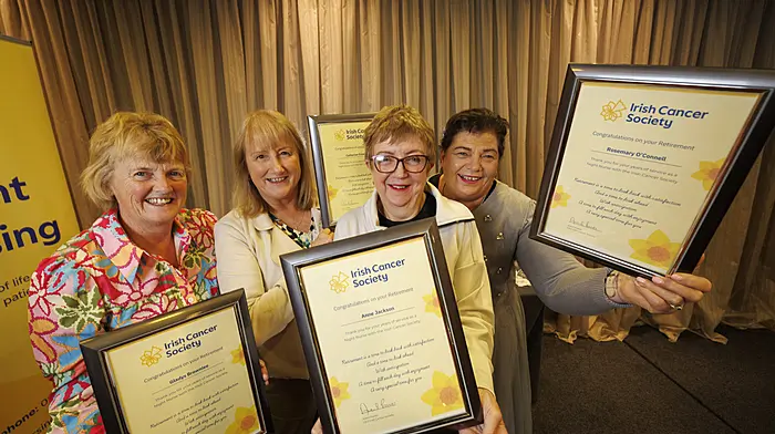 Gladys Brownlee (Tyrone), Catherine Crowley (Cork city), Anne Jackson (Kildorrery), and Rosemary O’Connell (Aghabullogue), four of the eleven retiring Irish Cancer Society night nurses, were honoured at the annual Night Nurse Conference in Ashling Hotel in Dublin. (Photo: Andres Poveda)