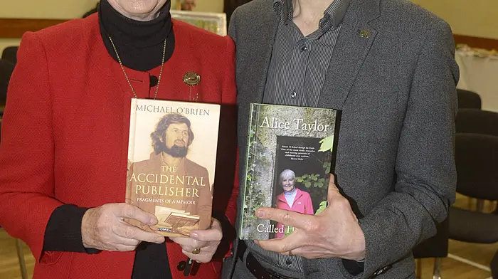 At the launch of the book A Place called Home were the author, Alice Taylor, and Ivan O'Brien. Right: Jane O’Regan and Noreen White at the 16th annual Pink Ribbon Walk in Clonakilty, organised by the O’Neill family at Fernhill House Hotel in conjunction with the Clonakilty Daffodil Day committee. (Photos: Denis Boyle & Martin Walsh)