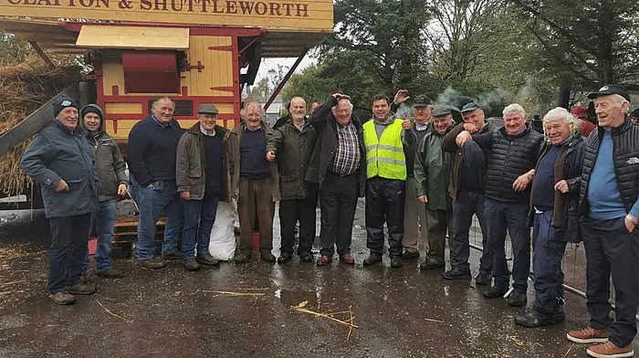 Enjoying a break in the rains at the Ballydehob Threshing were Jerry O’Driscoll, Liam Glenville, Sean O’Sullivan, Ted O’Driscoll, Con O’Sullivan, George Whitley, Barry O’Brien, David Murphy, Gerard O’Driscoll, John Joel Murphy, Joel Newman, DJ Dineen, Paddy O’Regan and Jerry Cronin.