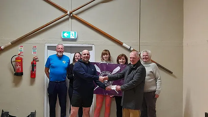 At the Rosscarbery Rowing Club’s training centre, based in Reenascreena Hall, Seán O’Mahony (Barleyhill) presented the proceeds of the 2024 Sheep’s Head Cycle to Jeff O’Donoghue (captain, Rosscarbery Rowing Club). Also included are (back, from left): Tim Crowley, Karen Dubuissow, Anna O’Donoghue, Noreen O’Sullivan and Michael Walsh. Front (from left): Jeff O’Donoghue and Sean O’Mahony.