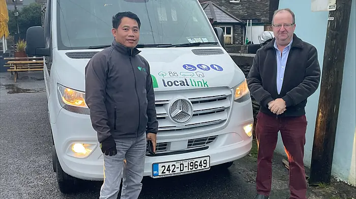 Michael Collins TD and driver Antonio Ramon in Crookhaven on bank holiday Monday at the inaugural bus 265 which will run from Barleycove to Skibbereen three times daily. Michael has advocated for this for the past nine years in the Dáil and is thrilled for the people of West Cork to now have the service.  The service will be extended to the Mizen Head when it reopens in March 2024.