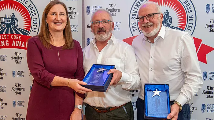Maeve Buckley of sponsor AIB with June award winners Paddy Barrett and John McNamara.