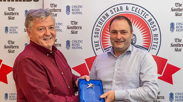 Eugene Scally of monthly sponsor Scally's Super Valu with August award winner Eamon Crowley.