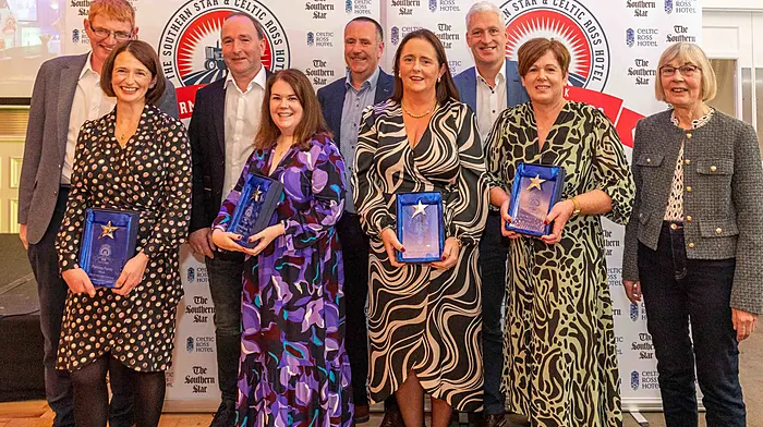 Anna Fitzgerald of category sponsor Cultivate with Farm Family award winners John and Veronica Cullinane; Sean and Fiona Deasy; Denis and Colette O'Donovan, and John  and Marie Hurley.