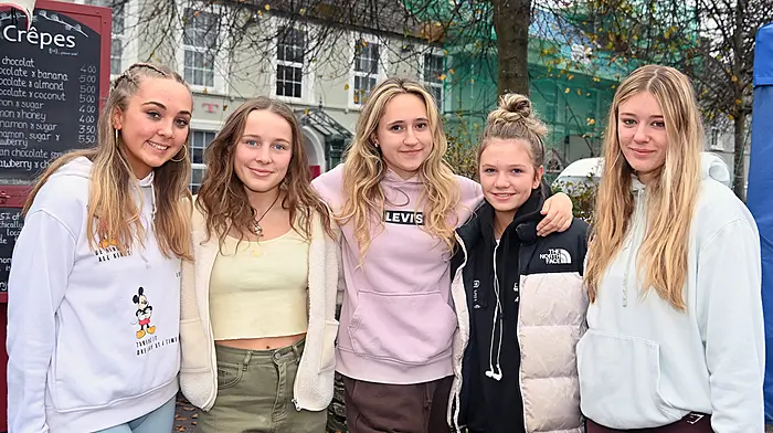 Locals enjoying the mid-term break in Clonakilty were (from left): Lilah Steward, Kate Burton, Liza Hasani, Caoimhe Scully and Mia O’Sullivan.  (Photo: Martin Walsh)