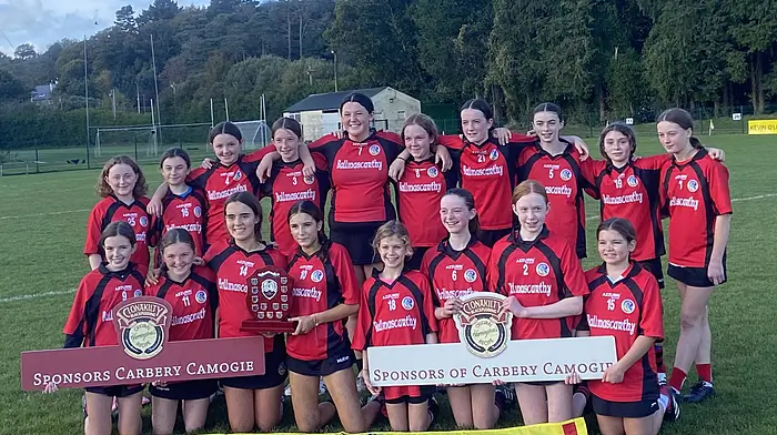 The Ballinascarthy U13 camogie team that won the Carbery Shield final in Bandon against a very competitive Enniskeane team. Front (from left): Éala Pattwell, Aoife O'Driscoll, Ayla Bishop (captain), Caoimhe Barrett, Éabha O'Leary, Claire Higgins, Sinéad Walsh and Kate O'Flynn. Back (from left): Siobhán McCarthy, Saibh O'Flynn, Leanne Walsh, Hannah Buttimer, Leah Buttimer, Sarah Walsh, Aideen Murphy, Ruby McCarthy, Odette O'Donovan Forcey and Neasa Kiernan.