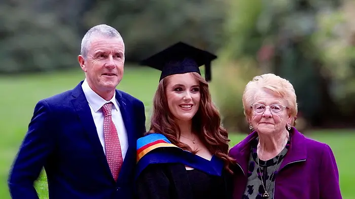 Aileen Logan, with her father John and grandmother Mary, celebrating her graduation from MTU in Cork with an MA in public relations. Aileen was a  scholar at Skibbereen secondary school before continuing her academic career  by gaining her BA from the University of Limerick.