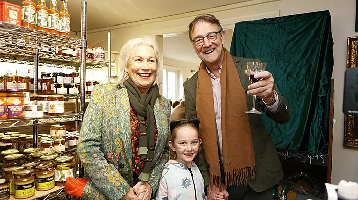 Gill and Tom Redmond and Matilda O'Brien enjoying the official opening of Béal Blásta Ballydehob Wholefood Shop Deli Cafe, formerly Hudson's, in Ballydehob. (Photo: Carlos Benlayo)
