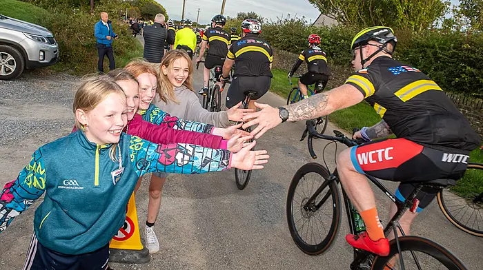 Bronagh O’Mahony, Béibhinn O’Mahony, Saorlaith Murphy and Sadhbh Scannell from Ringfinnan, Kinsale greet firefighters from New York and Ireland who cycled from Dublin to the 911 Garden of Remembrance in Kinsale in aid of Aoibheann’s Pink Tie Ireland’s childrens cancer charity and Friends of Firefighters.
(Photo: John Allen)