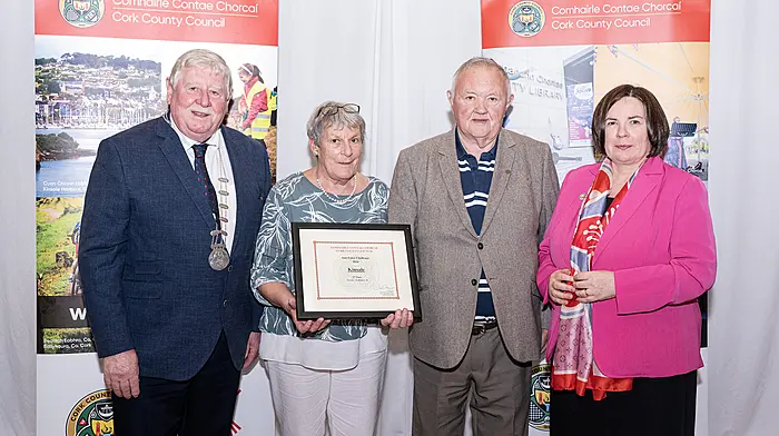 In September Cork County Council announced the results of its annual Anti-Litter Challenge and Kinsale placed second in Category B. Pictured are Margaret Lynch and  Ted McNamara representing Kinsale, with Deputy Mayor Martin Coughlan and Chief Executive Moira Murrell.  (Photo: Gerard McCarthy)