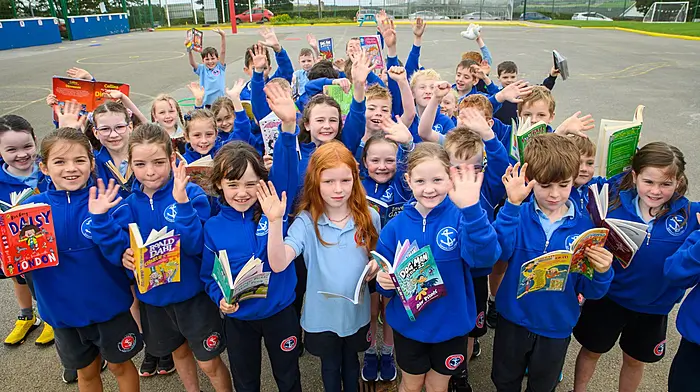 Pupils from Gaelscoil Chionn Tsáile pictured at the programme announcement for the Words By Water literary festival, which took place in October.