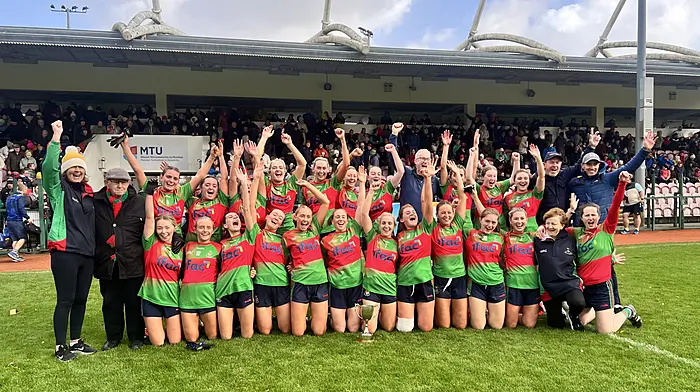 The history-making Clonakilty panel and mentors celebrate winning the Cork LGFA senior B county title for the first time following a 2-5 to 0-5 win over Kinsale at MTU Cork in October.