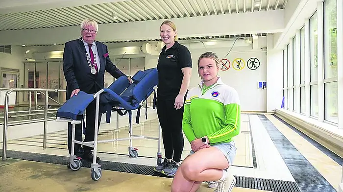 Mayor of Co Cork, Cllr. Joe Carroll with Yvonne Buckley, acting manager at West Cork Leisure Centre Dunmanway and lifeguard Katie Cotter at the launch of the new chair which will provide easier access to the hydrotherapy pool for users with additional needs. (Photo: Brian Lougheed)