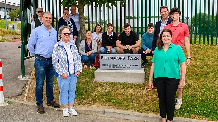 In June. Fergal McCarthy, Principa of KCS with Anne Fitzsimons, wife of Garry and Deirdre Fitzsimons, wife of Shane and family members at the unveiling of a stone to mark the official opening of Fitzsimons Park at Kinsale Community School
Picture. John Allen