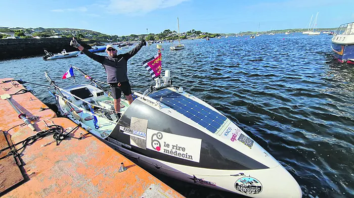 Patrick Lavre on his arrival in Baltimore last Thursday, having rowed his way from Canada, 32 days earlier. (Photo: Garry Minihane)