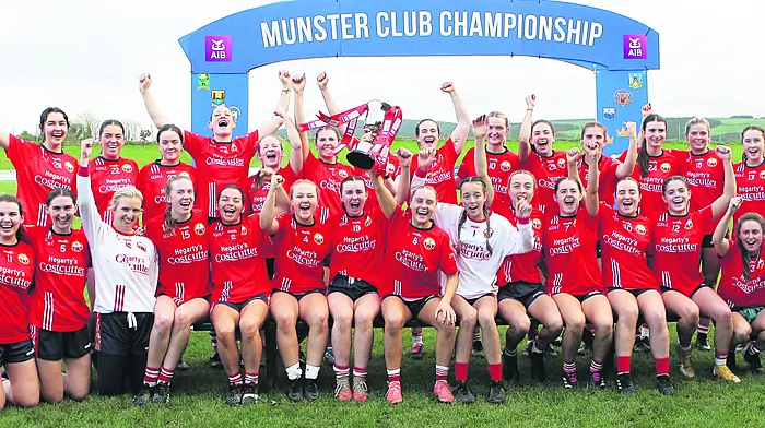 The O’Donovan Rossa team celebrates their victory over St Ailbe’s in the AIB Munster Club LGFA intermediate final at Mallow in November.                                                                                                                                                                      (Photo: Paddy Feen)