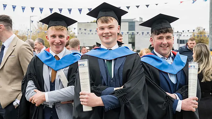 Brian McCarthy (Innishannon), Adrian Crowley (Coppeen) and Ciarán Lucey (Ballyvourney) all celebrating their achievements as bachelor of science in agriculture graduates at MTU Bishopstown Campus during the autumn conferring ceremonies.(Photo: Joleen Cronin)