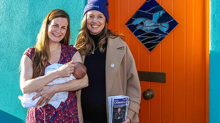 Holly Cairns was out canvassing and knocking on doors on the colourful South Terrace last weekend where she was delighted to meet one of the recently arrived residents of the village, newly born baby Dáire, daughter of Grace and Mark Murphy.