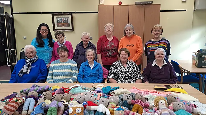 The Skibbereen Library Knitting Group presenting their wonderful creations to Sally Daly for the annual Team Hope Christmas Shoebox Appeal. Sally and her team will be at the Skibbereen Show Grounds over the next few weeks preparing and packing the boxes for collection by Team Hope.  Back (from left): Marion Creedon Hegarty, Joan Collins, Theresa Walsh, Cliona Paterson, Patsy Hayes and Marie O’Sullivan. Front (from left): Pauline Keohane, Margaret Deane, Pauline Sexton, Sally Daly and Siobhán O’Mahony.