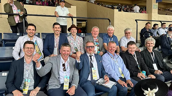 A group with Skibbereen connections at the recent Breeders Cup in California were (front, from left): Nick Walley, Sean Carmody, Brian Carmody, Kieran Hannigan, Frank Walley and Cathal O'Regan.  Back (from left): Dan Curci, Stephen Connolly, Dan Matheson, Timmy O'Donovan, John Connolly and Ger McCarthy.