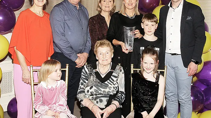 The West Cork Ladies Hall of Fame recipient Nollaig Cleary with her family; seated, Muirne Ní Chróinín, Kathleen Cleary and Aoibh Ní Chróinín. Back from left, Mary Maguire, Mike Maguire, Deirdre Maguire, Conall Ó Cróinín and Mícheál Ó Cróinín.
(Photo: Paddy Feen)