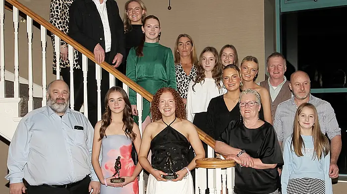 The St Colum's group - including award winners Abbie O’Sullivan and Maggie Coppinger - enjoying the West Cork Ladies Football Awards held at the Celtic Ross Hotel in Rosscarbery. 
Included in the photo are, the Coppingers, Breda, Tim, Libby, Katie, Annie, Tony, Maureen and award winner Maggie; Eliza Wiseman, the O’Sullivans, Tim, Kathleen, award winner Abbie, Kate, Ciara and Lisa, and Martin Cronin. 
(Photo: Paddy Feen)