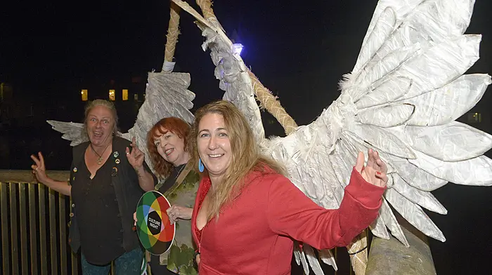Pictured at Culture Night in September Bandon at  at an instalation called Flyinit at the footbridge were artist Dinny Wheeler with Culture night co-ordinator Margaurite McQuaid and musician Áine Duffy. Picture Denis Boyle