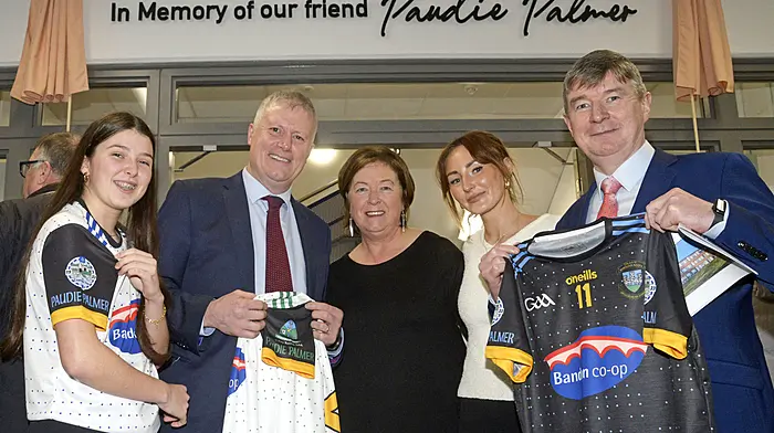 February: A plaque was unveiled in the new science Building of St Brogan’s College in February in memory of the late Paudie Palmer, teacher and sports commentator. Included are Rachel Dineen, vice principal Pat Kenneally, Colette and Emily Palmer who unveiled the new plaque, and Ger Brickley, Bandon Co-op who sponsored a new set of jerseys which include Paudie’s name on the sleeves  as part of the design. (Photo: Denis Boyle)