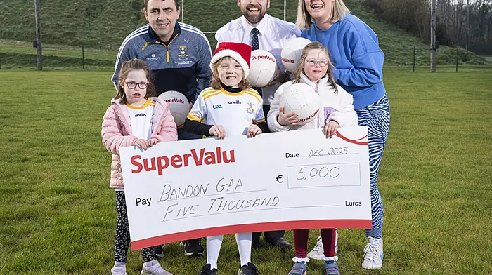 In January,Bandon GAA club were celebrating winning the SuperValu ‘Community includes Everyone’ Award which includes a donation of €5,000 towards further progressing the clubs inclusion and diversity programme.  The club were up against stiff competition from GAA clubs across Ireland but were announced clear winners for their ‘All Stars’ team.  Pictured are John Ahern Underage Club Chairperson Bandon GAA, Alan Owens SuperValu Bandon, Liz Gleeson All Stars Camp coordinator  Bandon GAA with  Kitty Mullally,  Levi Garde and Ruby-Anne Doyle. Photo by Ger McCarthy