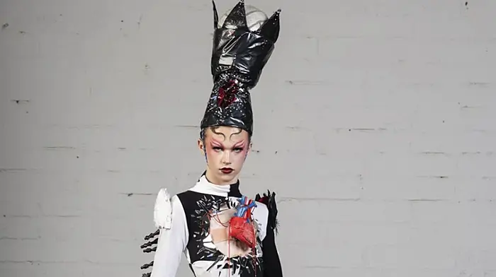 A design entitled ‘Queen of the Kings’ by John Coughlan and Lucy Murphy of Cólaiste Pobail Bheanntraí was one of the 10 finalists selected at an event in the RDS to represent Ireland in the World Junk Kouture competition. All entries are made from recycled materials, showing that sustainability and high fashion can go hand-in-hand.