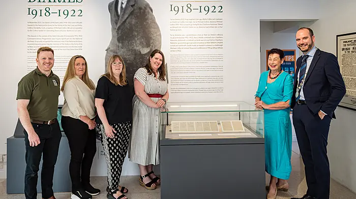 Cork County Council, in partnership with the National Archives, brought the Michael Collins diaries of 1918-1922 back to the Michael Collins House Museum in Clonakilty. The exhibit,  ran for the month of August,  and focused on the first week of August 1922 with the first six days of the month on display. Readers will gain insight into the day-to-day life of Collins. Welcoming the Michael Collins diaries back to Clonakilty were, from left, Jamie Murphy, Michael Collins House manager; Jaqueline Mansfield, Cork County Council; Jessica Baldwin, National Archives; Loraine Lynch, Cork County Council; Helen Collins, Collins family; and Cllr Noel O’Donovan. (Photo: Dermot Sullivan)